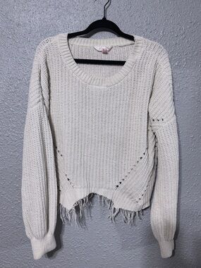 No Boundaries Cream Crewneck Sweater with Frayed Hem